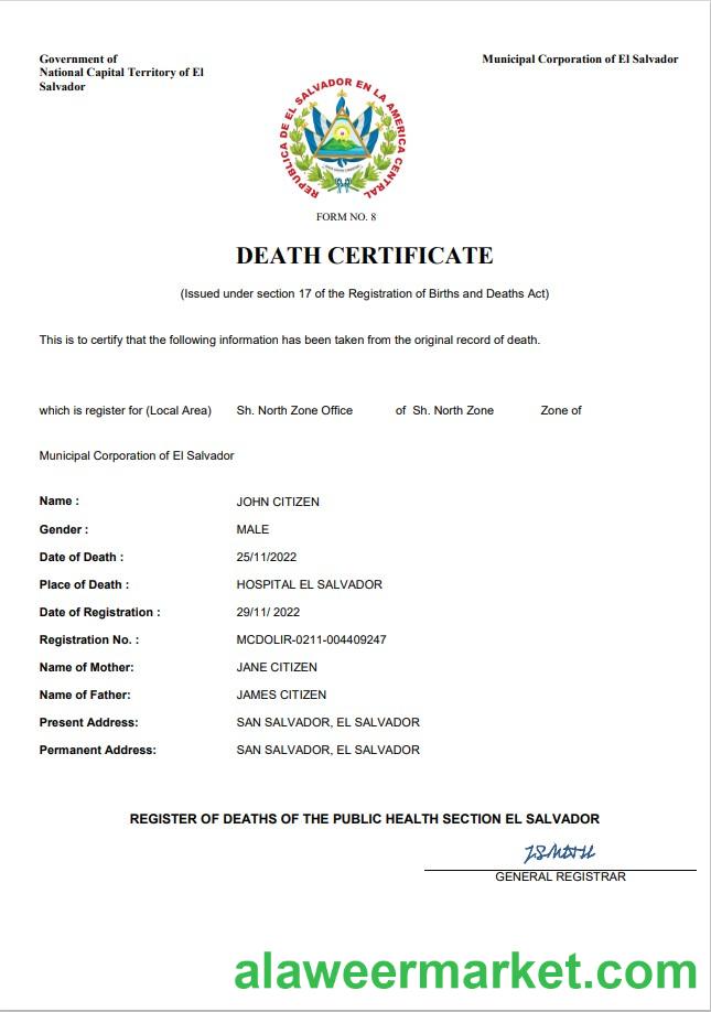 El Salvador vital record death certificate Word and PDF template